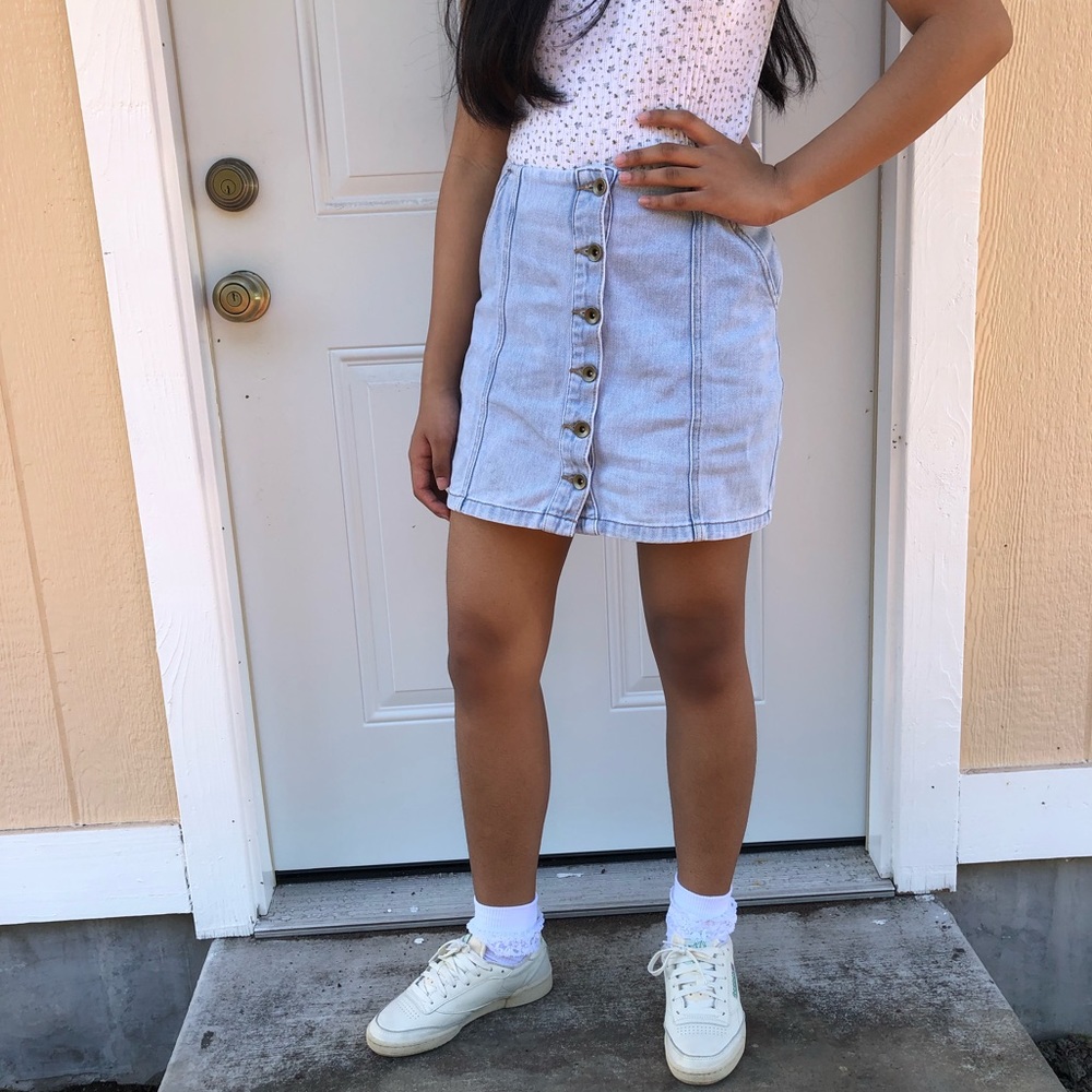 Denim Button Down Mini Skirt - Picture 2 of 6